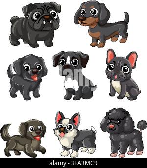 Eight diverse cartoon dog breeds with big eyes stand against a plain white background Stock Vector