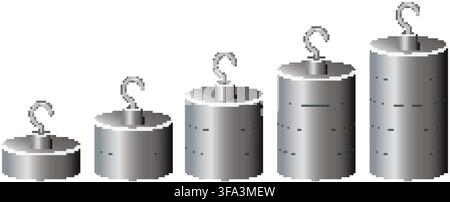 Vector illustration of five stacked metal cylinder weights in increasing sizes on a white background. Stock Vector