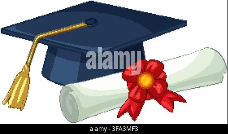 Vector illustration of a blue graduation cap and rolled paper diploma on white background. Stock Vector
