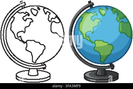 Educational world globe vector set featuring a colored version and a black line art outline. Stock Vector