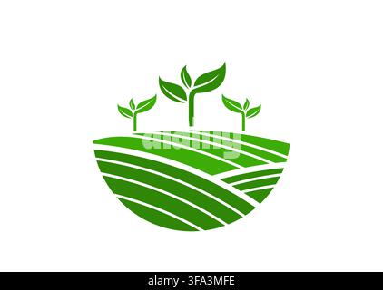 Farmland green plant, agriculture farm icon. Modern emblem with green crop field and young plant sprouts. Agriculture symbol with fresh seedlings for gardening and sustainable food production Stock Vector