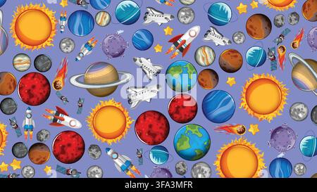 Flat vector illustration of planets, rockets, and stars arranged in a dense repeating pattern. Stock Vector