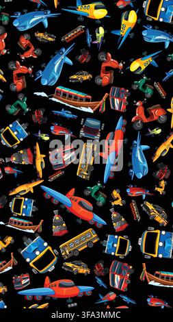 Seamless vector illustration of airplanes, boats, buses, and scooters in a vibrant cartoon style. Stock Vector