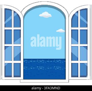 Flat vector illustration of an open white arched window overlooking a calm blue sea. Stock Vector