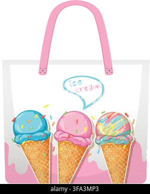 A white fabric tote bag with pink handles and three colorful ice cream cone illustrations Stock Vector