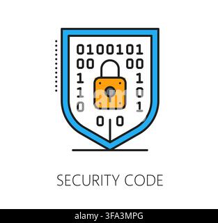 Software security program code line icon or sign. Computer system engineering line pictogram, software programing symbol. Program code technology icon with binary code, shield and padlock Stock Vector