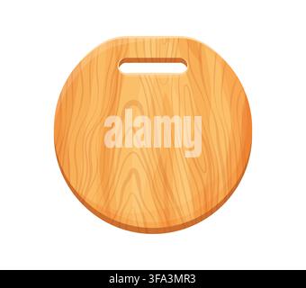Round cartoon wooden chopping board with realistic timber texture. Kitchen cutting board utensil icon with convenient horizontal handle cutout and natural wood grain pattern for cooking blog banners Stock Vector