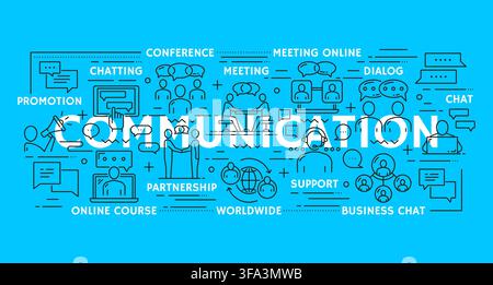 Business team, support communication and message icons. Line pictogram symbols representing online courses, conference and business chat with chat bubbles, video meeting screens, headset and webinars Stock Vector