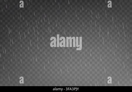 Rain effect with white falling raindrops. Realistic rainfall shower texture, water overlay with natural, dynamic atmosphere. Raindrops, storm, downpour, hail rainy autumn weather forecast background Stock Vector