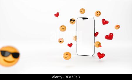 3D smartphone mockup with blank screen surrounded by colorful emojis on white background. Social media communication concept with copy space and high Stock Photo
