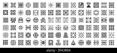 8bit pixel elements game set, pixel art retro technology icons, gaming interface symbols and geometric patterns. 8 bit monochrome minimal digital graphics for user applications, websites, game assets Stock Vector