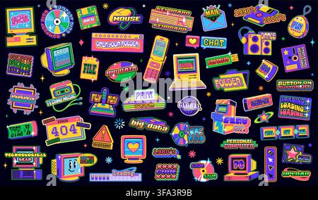 Retro y2k groovy computer stickers, vintage technology patch labels of vector old pc, laptop, keyboard and mobile phone. Hippie desktop computer emoji, groovy pc screen, files and folders stickers set Stock Vector