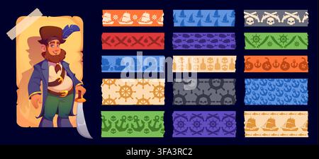 Pirate and corsair marine washi tape, nautical adhesive sticky masking pieces, scrapbook stickers. Pirate sail ship, captain and anchor, wheel, skull, sword and gun silhouettes pattern washi tapes set Stock Vector