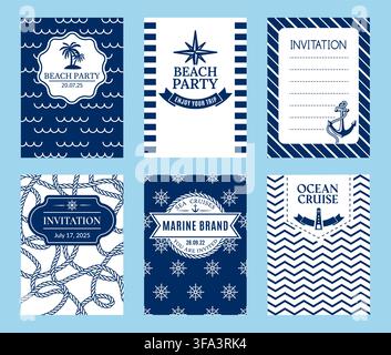 Marine nautical invites. Invitation card templates with rope borders, anchors, waves, lighthouses and classic blue white sea color for beach party, ocean cruise, summer event, seaside wedding, travel Stock Vector
