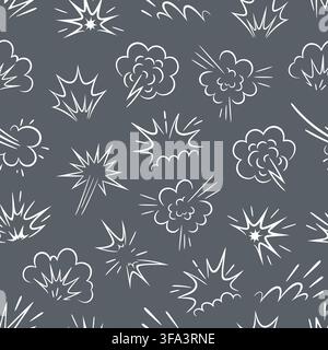 Doodle explosion and burst smokes seamless pattern background with smoke clouds and bomb boom. Doodle explosion pattern of rocket trail and comic hand drawn cartoon sparks, sunburst rays or bang puffs Stock Vector