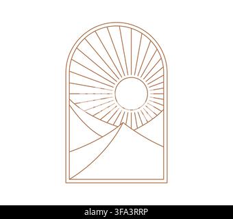 Abstract boho window featuring desert scene with rising sun, bold sunburst rays and layered hills. Arched window composition with natural earthy colors for camping emblems and apparel prints Stock Vector