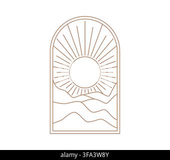 Boho window and desert mountains landscape icon, aesthetic window line art frame, featuring a sun with radiating rays inside an arched window. Outline desert nature, calm horizon, oasis and valley Stock Vector