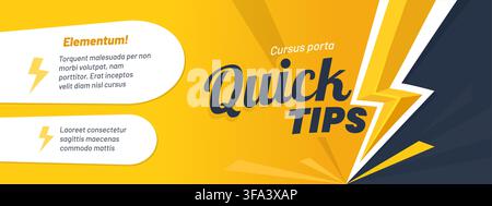Quick tips modern banner template with dynamic lightning bolt, vibrant yellow background and typography. Layout for presentations, social media, educational content, business promotions, announcements Stock Vector