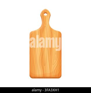 Cartoon wooden kitchen chopping board or cutting board utensil for food preparation and cooking. Rectangular chopping board with arrow handle or cutting board icon with tree texture of wood block Stock Vector
