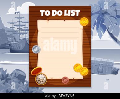To do list or paper sheet task planning and memo note with pirate treasure and corsair sailboat. To do list with frame of pirate ship on Caribbean island in sea or ocean for checklist planner Stock Vector