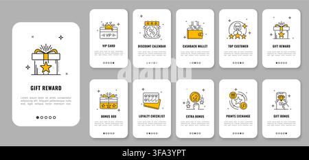 Mobile app onboarding screen, loyalty program exclusive benefit icons. Outline UI card layouts with gifts and bonuses for VIP cards, cashback wallets, top customer rewards and shopping applications Stock Vector