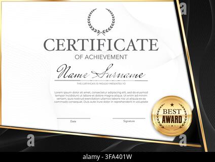 Black template award diploma certificate of achievement with golden ornament frame and seal. Corporate border, modern background, appreciation luxury business or education honor document template Stock Vector
