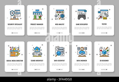 Mobile app onboarding screen with web development. IT specialist, career and job vacancy professional UI card templates. Modern technology professions for software development and digital recruitment Stock Vector