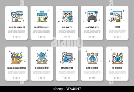 Mobile app onboarding screen with web development. IT specialist, career and job vacancy professional UI card templates. Modern technology professions for software development and digital recruitment Stock Vector