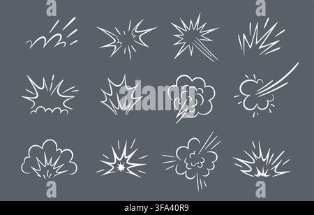 Doodle explosion and burst smoke with rocket trail effect. Hand drawn comic fire lines of cartoon sparks. Doodle explosion splashes of sunburst rays or fight punch with lightning and boom bang clouds Stock Vector
