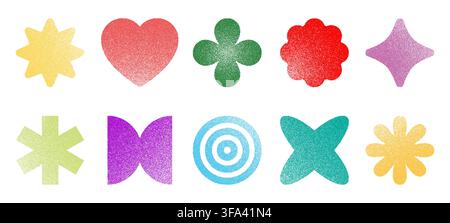 Noise grain geometric shape figures. Vector abstract elements with noise texture as star, arch and burst, petals and symmetrical symbols. Vintage monochrome noisy and grainy dotted elements Stock Vector