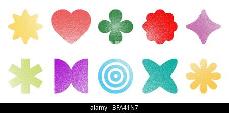 Noise grain geometric shape figures. Vector abstract elements with noise texture as star, arch and burst, petals and symmetrical symbols. Vintage monochrome noisy and grainy dotted elements Stock Vector