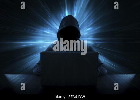 Male thief stealing data from computer - Cyber Crime Concept Stock Photo