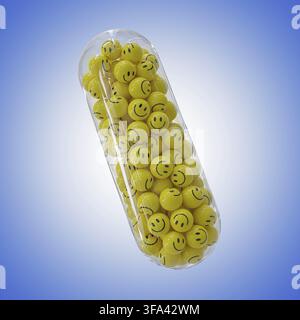 3d Rendering of yellow balls with smile in capsule - Happy Pills Concept - 3d-Illustration Stock Photo
