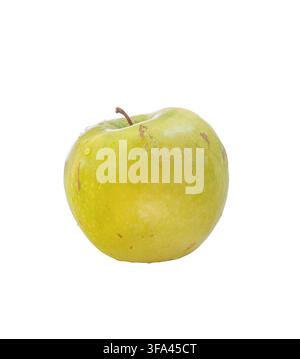 A single crisp green Granny Smith apple stands centered against a solid white background. The studio shot showcases natural details with subtle water Stock Photo