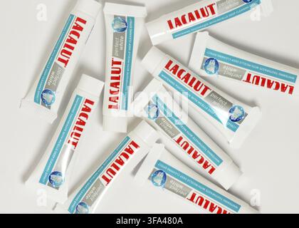 Lacalut toothpaste tubes, top view on white Stock Photo