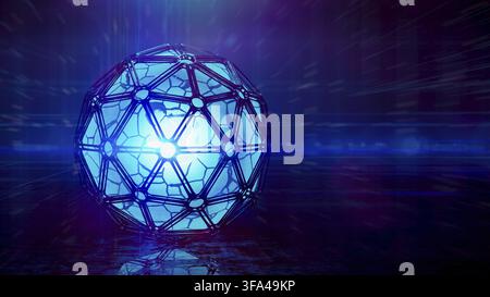Abstract Blue Icosphere Background Futuristic technology style. Neon box 3D Illustration Stock Photo