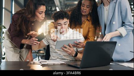 Man, team and tablet with stress for workload, feedback and multitasking for payroll deadline chaos. Office, people and overwhelmed worker with tech Stock Photo