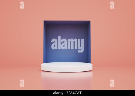 3D render of Abstract Pedestal of platform display with modern stand podium on pink room background. Blank Exhibition stage backdrop or empty product Stock Photo