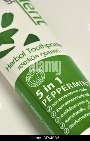 Thai herbal toothpaste, bilingual labeling Stock Photo