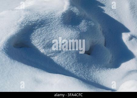 a Light and shadow, a pattern on the surface of the snow. Play of light, a beautiful winter background. Stock Photo
