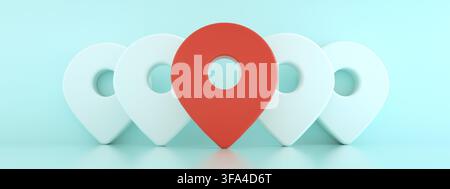 3d pins with the first one in red, location map symbol 3d render over blue background panoramic mockup Stock Photo