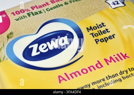 Zewa moist toilet paper with almond milk packaging close-up details Stock Photo