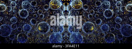 Texture of bubbles on a dark blue background with yellow lumen, panoramic image Stock Photo