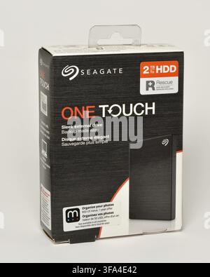 Seagate One Touch 2 TB HDD external drive box packaging on white Stock Photo