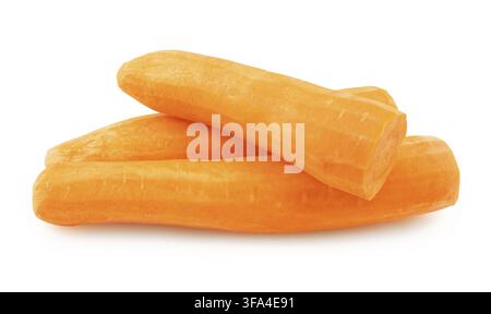 A stack of three whole, freshly peeled, bright orange carrots, against a clean white background, ready to eat Stock Photo