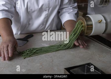 Process of woman preparing handmade pasta. Woman's hands working with dough to make pasta. Chef making green dough blanks to make craft pasta. Chef in Stock Photo