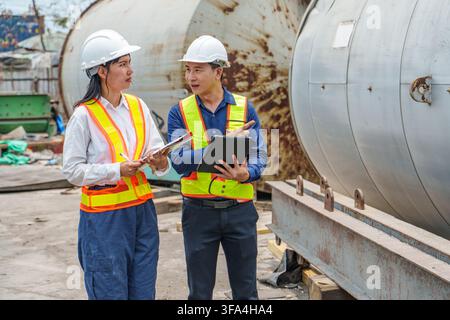 Two engineers discussing plans at a busy construction site to ensure project safety and efficiency. Ideal for construction, engineering, teamwork, and Stock Photo