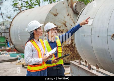 Two engineers reviewing project plans on a construction site, actively discussing developments. Ideal for industry, teamwork, and project management c Stock Photo