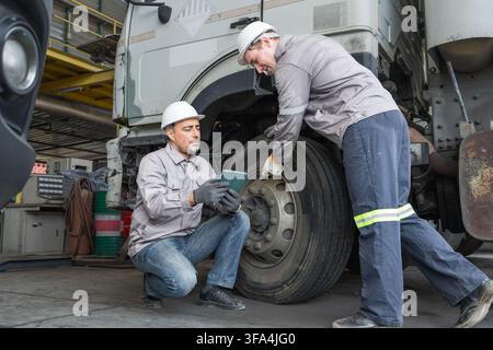 Two mechanics examining truck tire condition during routine maintenance at a workshop. Ideal for automotive, vehicle repair, and maintenance industry Stock Photo
