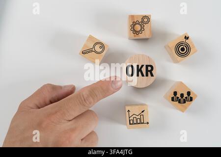 Hand pointing to an OKR concept with wooden business icons, representing objectives, key results, goal setting, strategy, teamwork, performance tracki Stock Photo